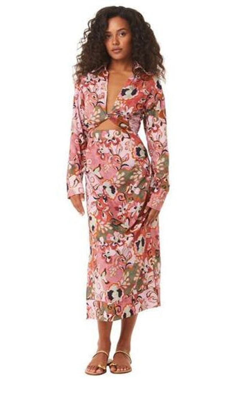 MISA Los Angeles Floral Print Cutout Maxi Long Dress Pink Women's Size Small